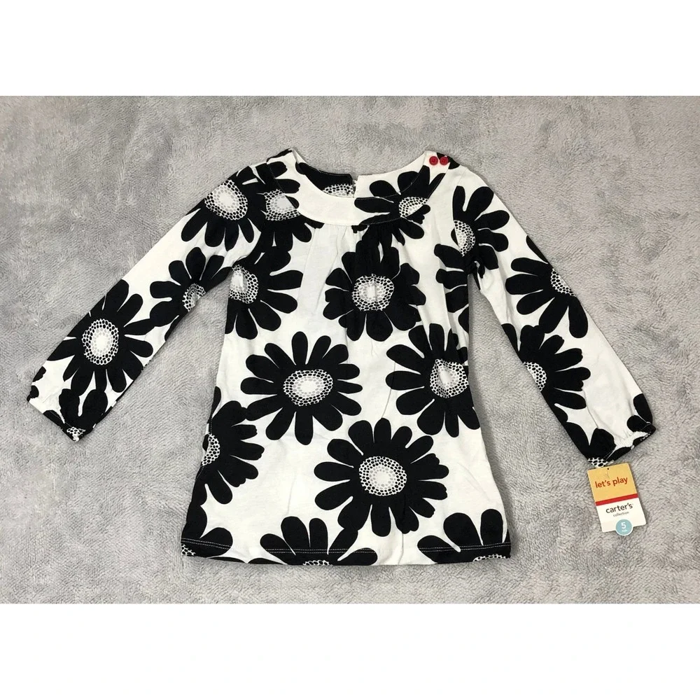 Carter's Top Girls Size 5 White Black Floral Daisy Red Pockets Long Sleeve Tunic